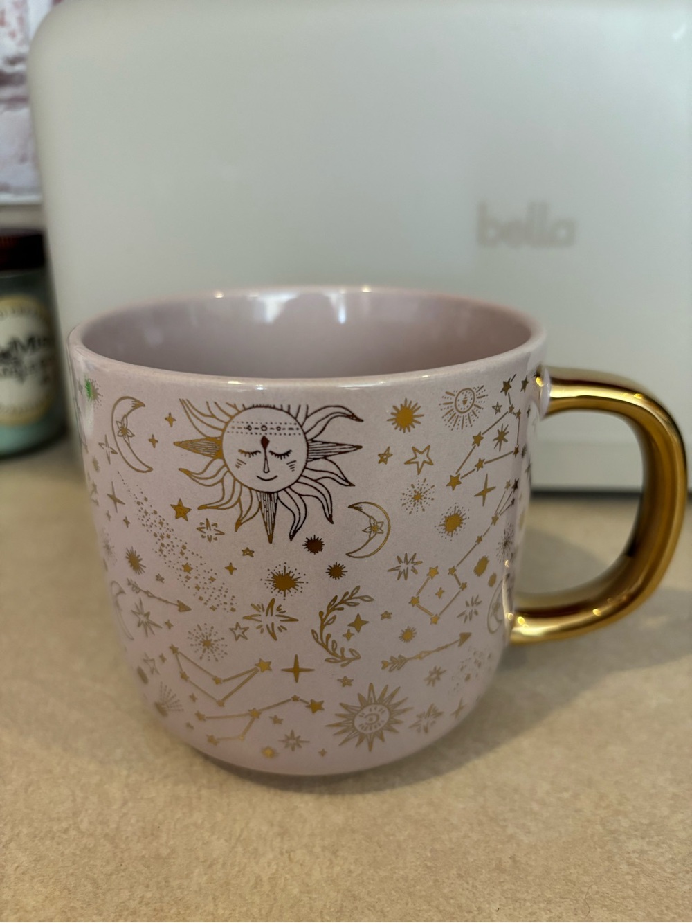 Gold-Handle Pink Sun & Stars Ceramic Mug - Unbranded